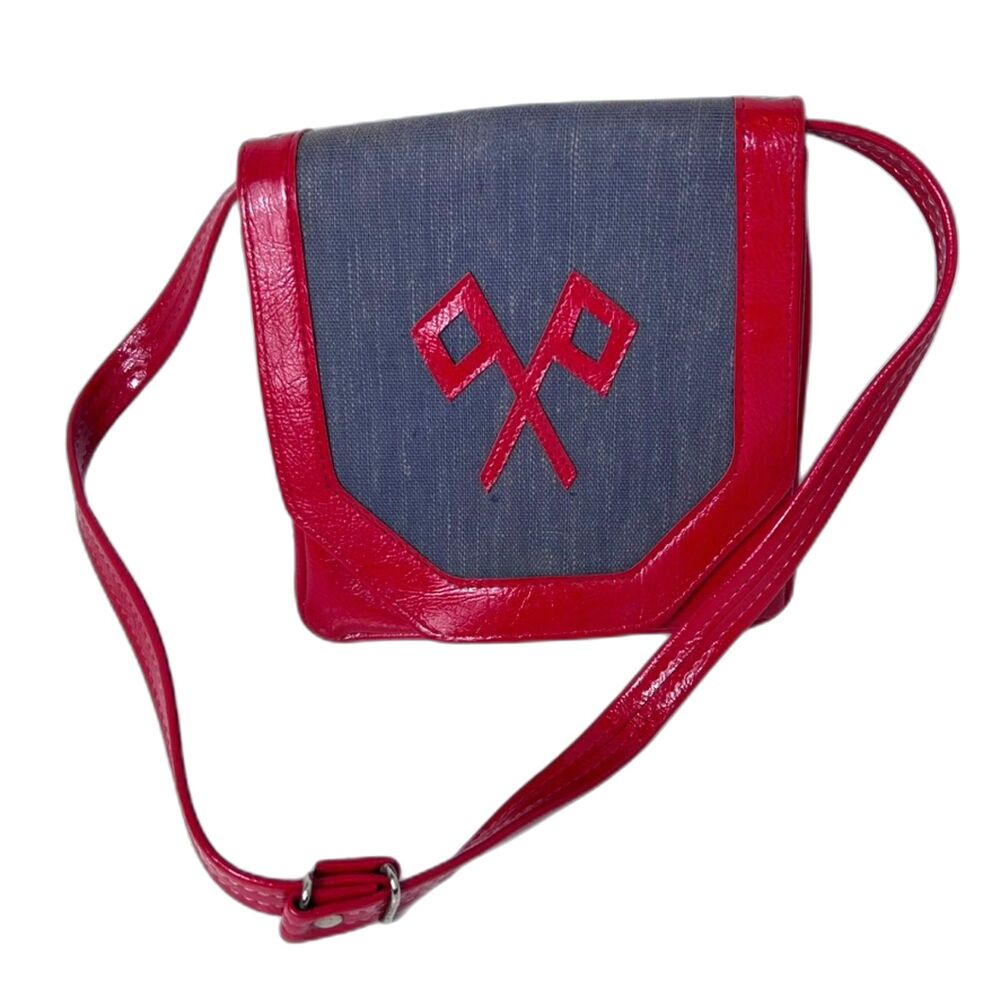 VTG 70s John Wind Blue Denim Red Faux Patent Leather Flap Flag Shoulder Bag